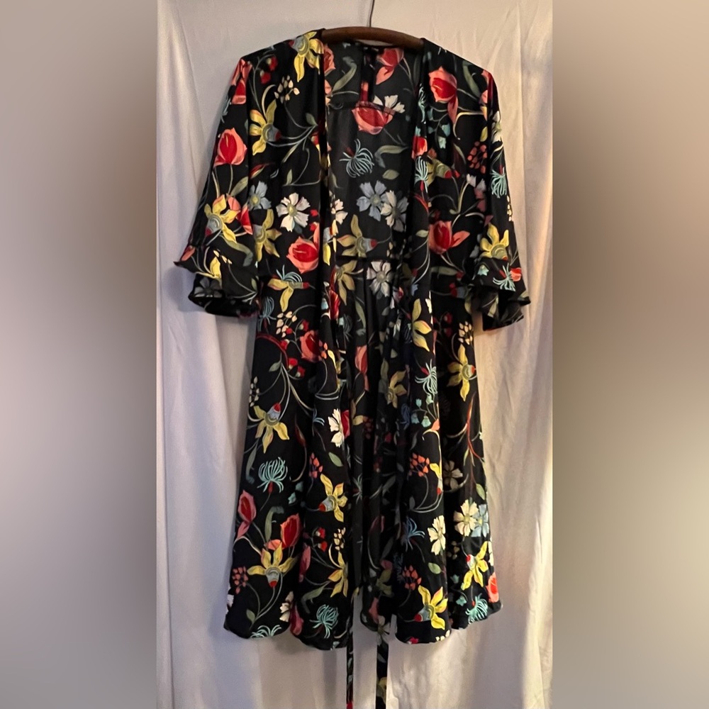 Castaluna Floral Wrap Dress Sz 12W Navy Blue w/ Coral Turquoise Yellow Blue Red